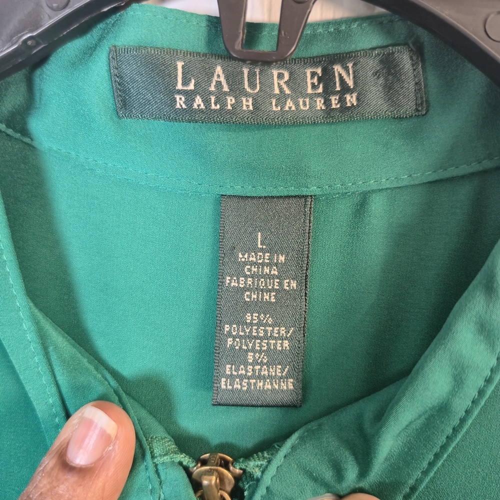 Lauren Ralph Lauren Emerald Green Satin Blouse Band Collar Half Zip Officecore L - Picture 8 of 9